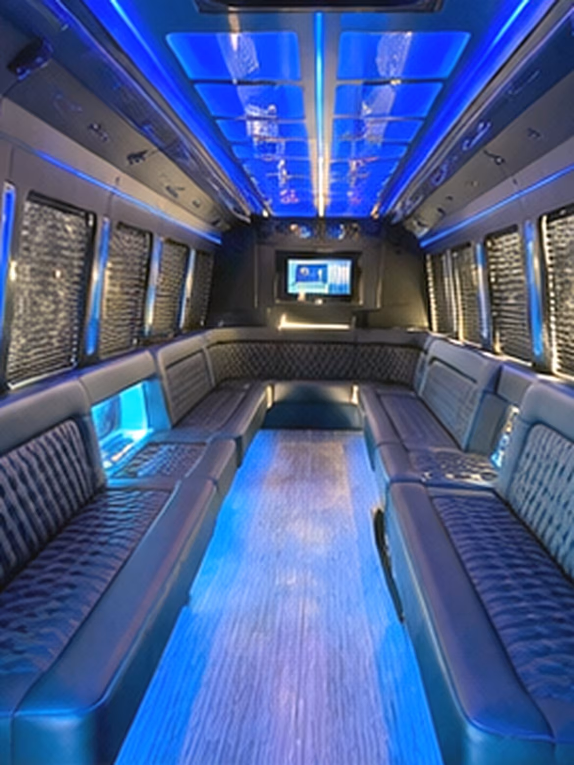 Interior of a party bus rental serving Norfolk